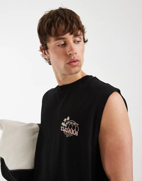  Asos Design Oversized Vest With Tijuana Graphic In Black 