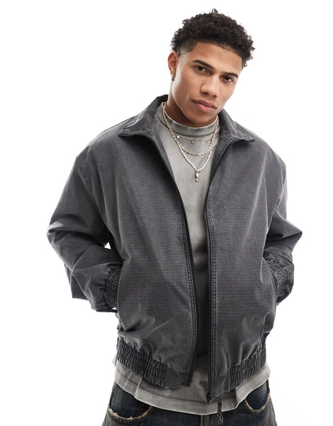  Asos Design Oversized Washed Harrington Jacket In Grey 