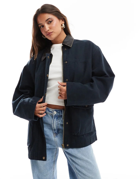  Asos Design Oversized Washed Jacket With Leather Look Collar In Navy 