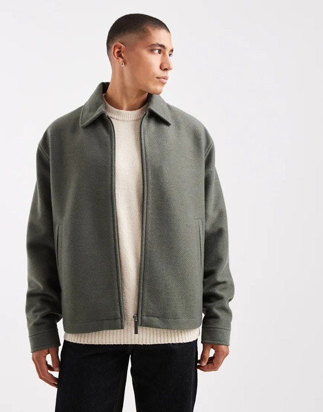  Asos Design Oversized Wool Look Harrington In Green 