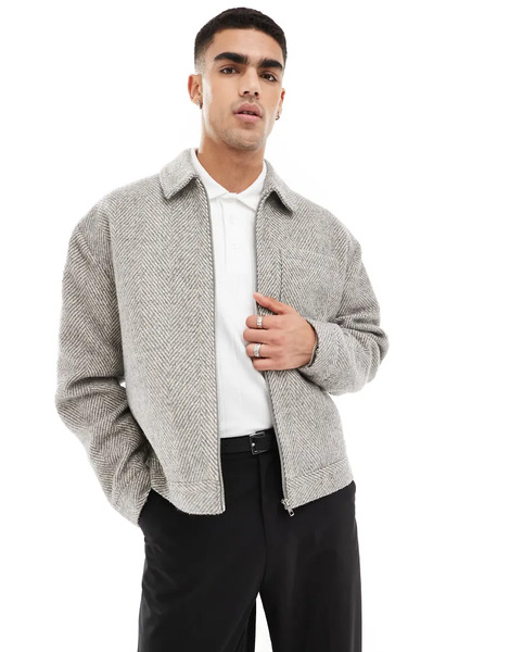  Asos Design Oversized Wool Look Harrington Jacket With Herringbone In Grey 