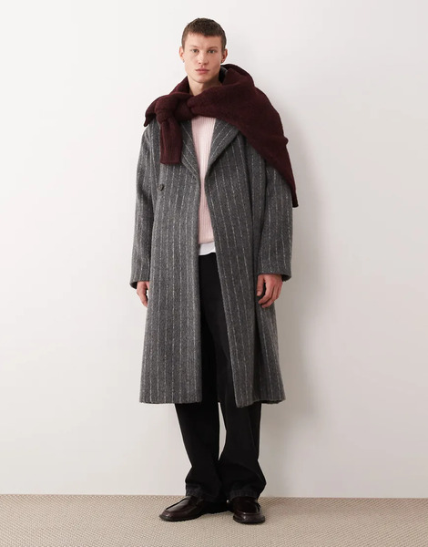  Asos Design Oversized Wool Look Overcoat In Grey Pinstripe 