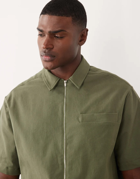  Asos Design Oversized Zip Through Shirt In Khaki Green 