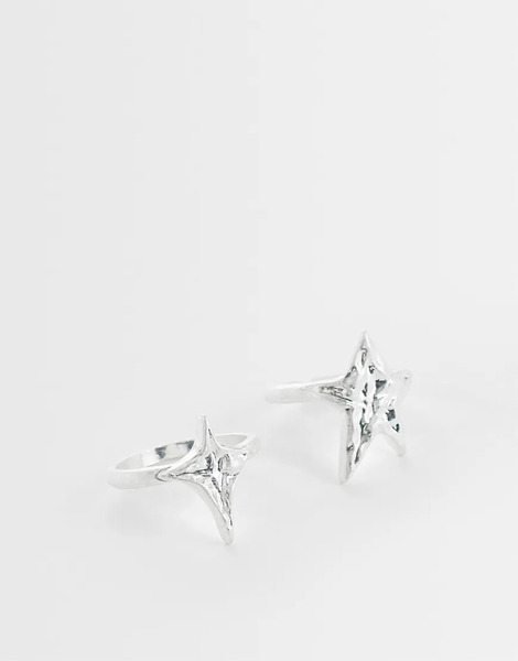  Asos Design 2 Pack Abstract Molten Star Rings In Worn Silver 