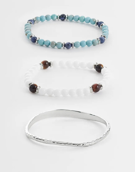  Asos Design 3 Pack Beaded And Cuff Bracelet In Silver 