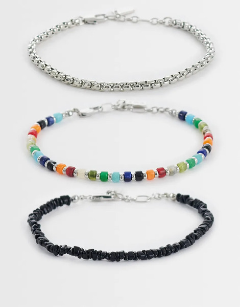  Asos Design 3 Pack Chipping Beaded And Chain Bracelet In Multi 