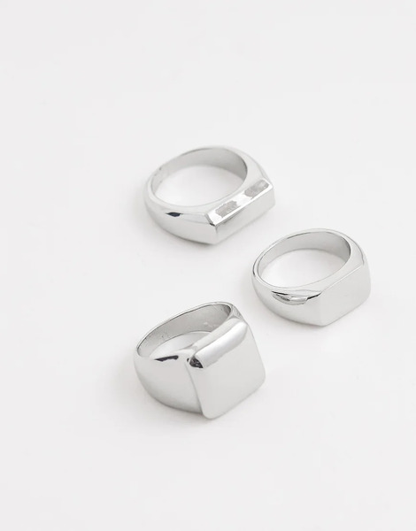  Asos Design 3 Pack Flat Top Signet Rings In Silver 