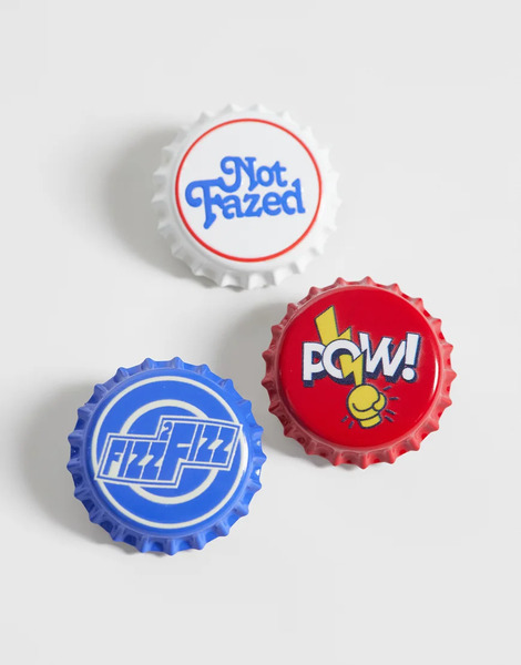  Asos Design 3 Pack Graphic Bottle Cap Badges In Multi 