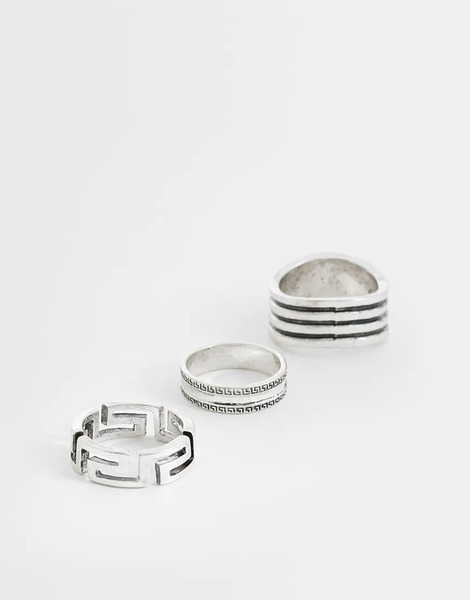  Asos Design 3 Pack Greek Wave And Layered Ring In Silver 
