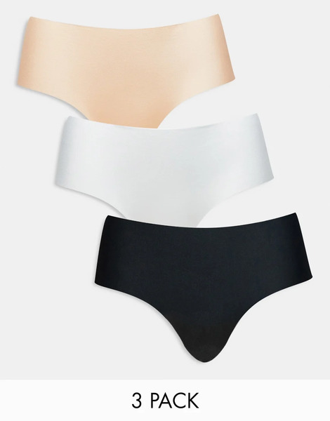  Asos Design 3 Pack No Vpl Hipster Short In Black, White & Beige Multi 