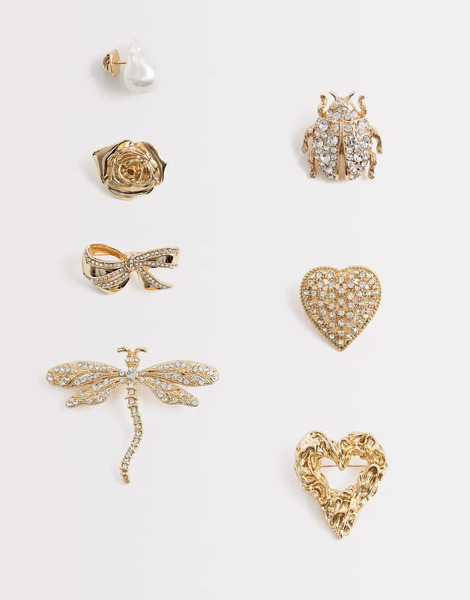  Asos Design Pack Of 7 Brooches With Eclectic Design In Gold Tone Multi 