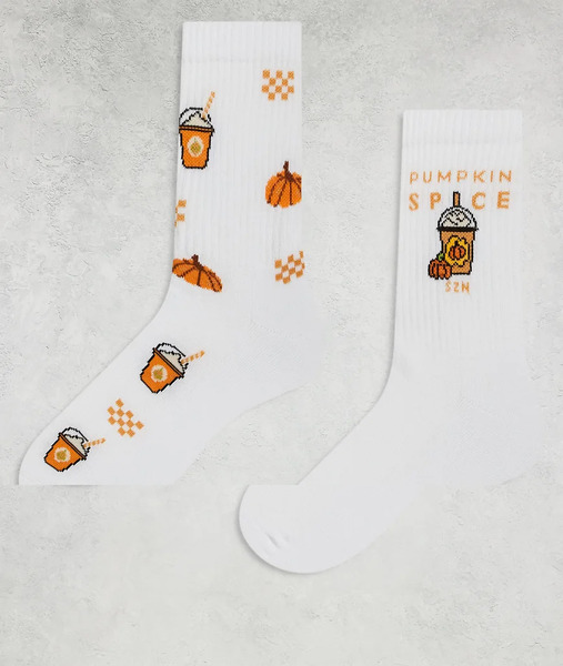  Asos Design 2 Pack Socks Pumpkin Spice Graphic In White 