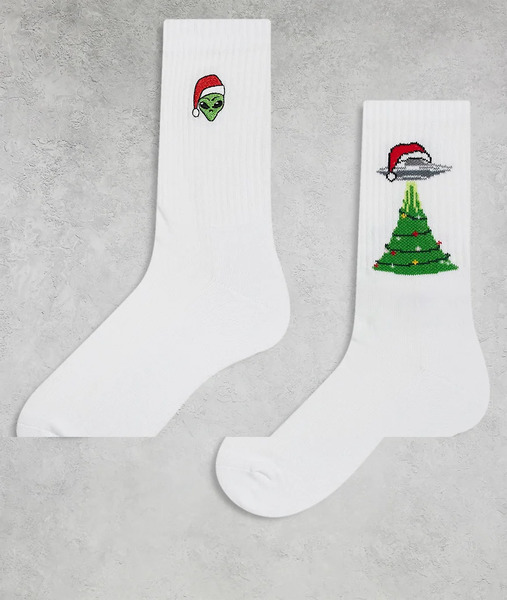  Asos Design 2 Pack Socks With Christmas Space Graphic In White 