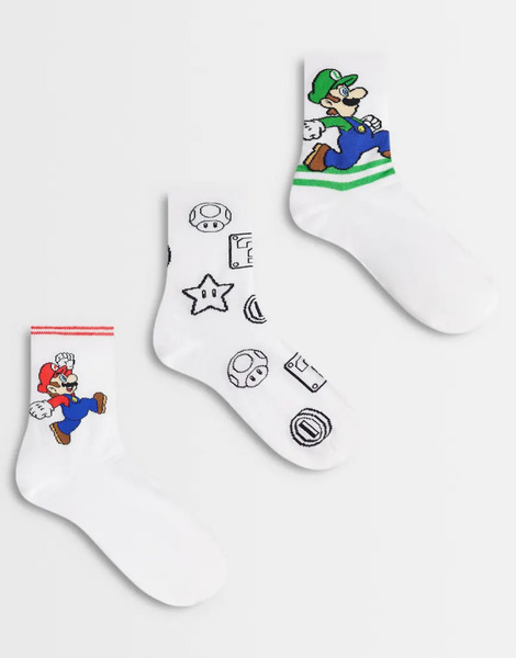  Asos Design 3 Pack Socks With Mario Graphic In White 