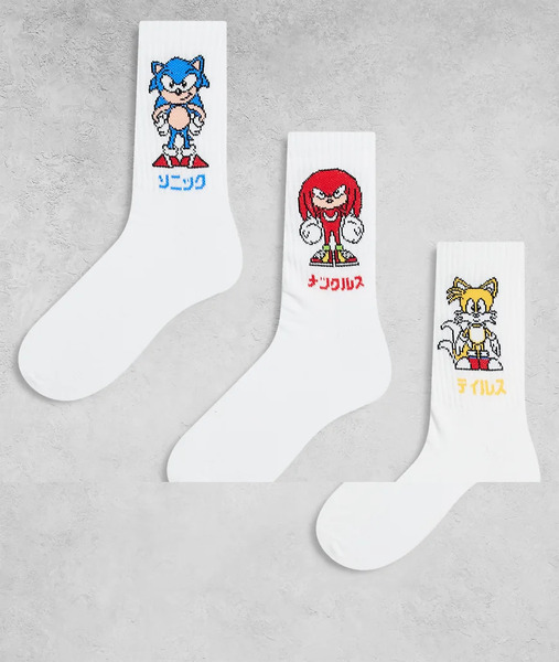  Asos Design 3 Pack Socks With Sonic Graphic In White 