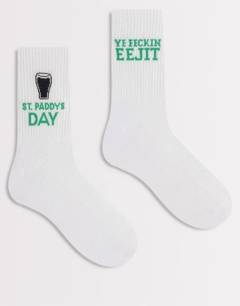  Asos Design 2 Pack Socks With St Patrick Day Graphic In White 