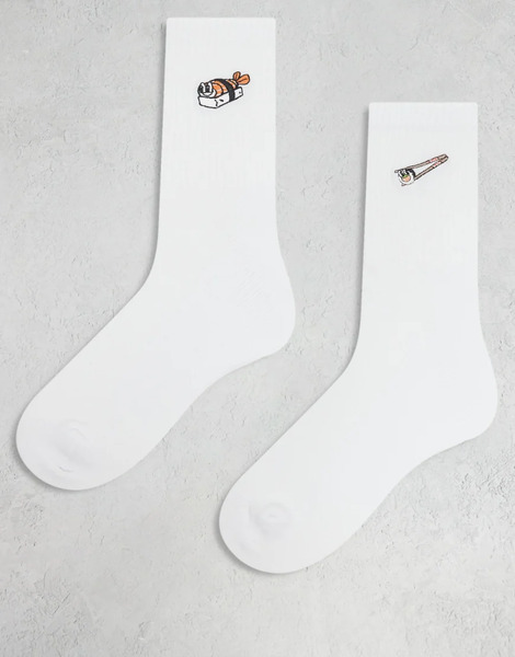  Asos Design 2 Pack Socks With Sushi Embroidery In White 