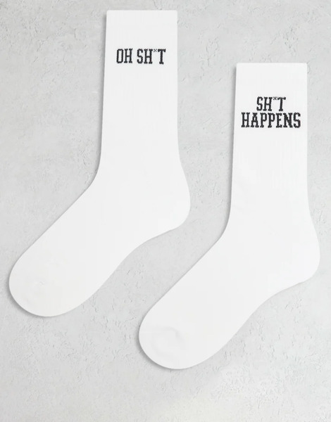  Asos Design 2 Pack Socks With Swear Words Graphic In White 