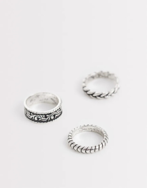  Asos Design 3 Pack Texture And Patterned Band Rings In Silver 
