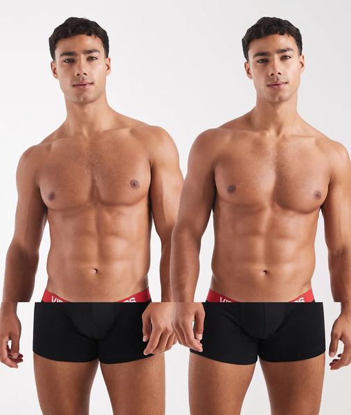  Asos Design 2 Pack Trunks With Red Waistband In Black 