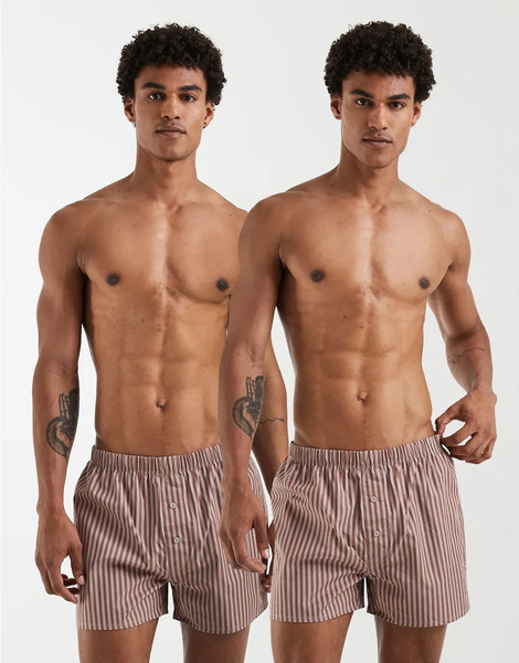  Asos Design 2 Pack Woven Boxers In Brown Stripe 