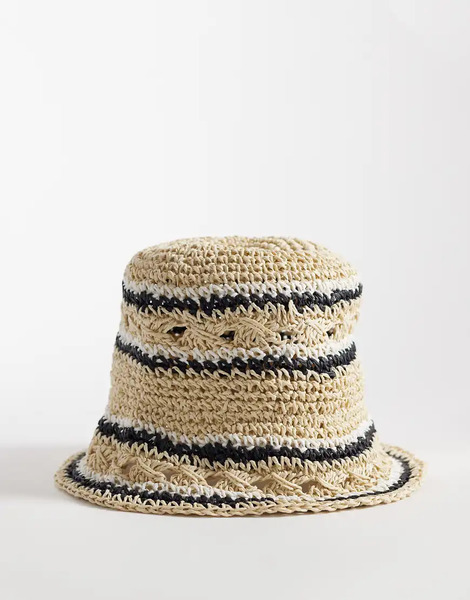  Asos Design Packable Straw Open Weave Stripe Bucket Hat Neutral 