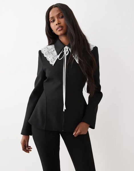  Asos Design Peplum Blazer With Lace Collar In Black 