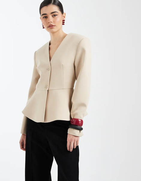 Asos Design Peplum Plunge Blazer In Camel Neutral 