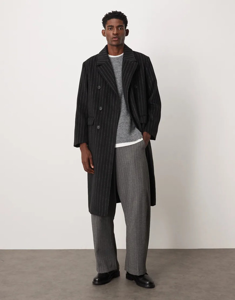  Asos Design Pinstripe Wool Look Oversized Longline Coat In Black 