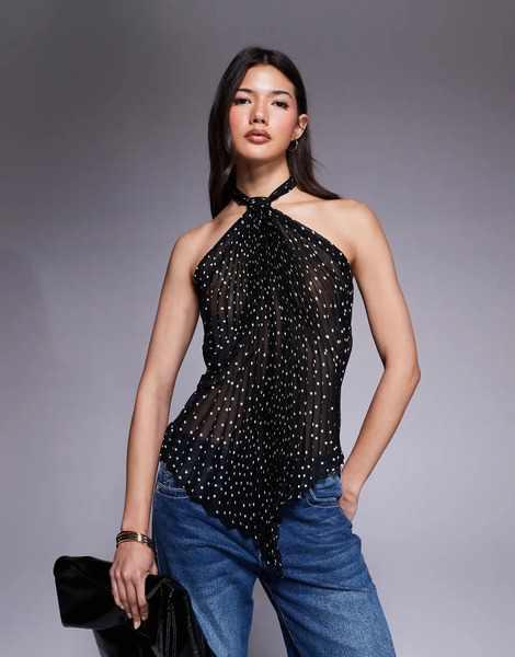  Asos Design Pleated Chiffon Halter Top In Polka Dot Multi 