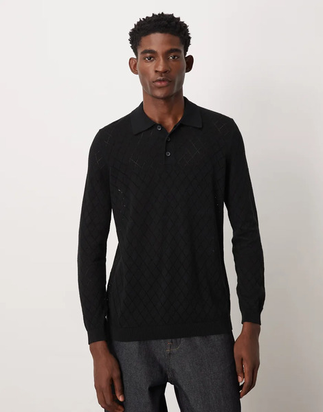  Asos Design Pointelle Knitted Pattern Polo In Black 