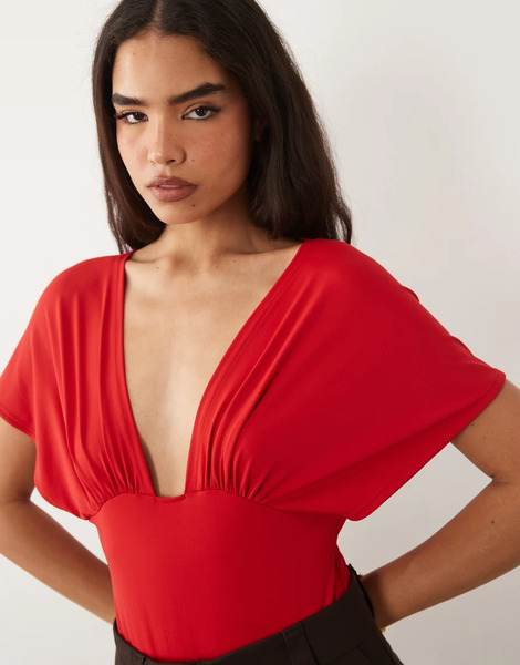  Asos Design Polyamide Drape Sleeve Plunge Bodysuit In Red 