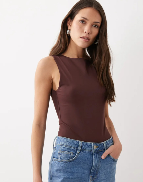  Asos Design Polyamide Slinky Open Back Racer Bodysuit In Chocolate Brown 