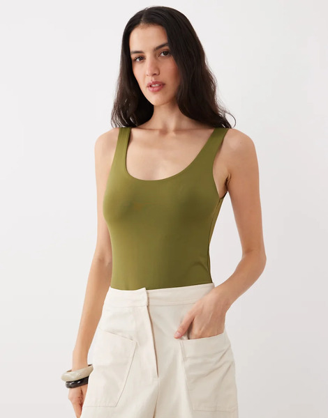  Asos Design Polyamide Slinky Scoop Bodysuit In Khaki Green 