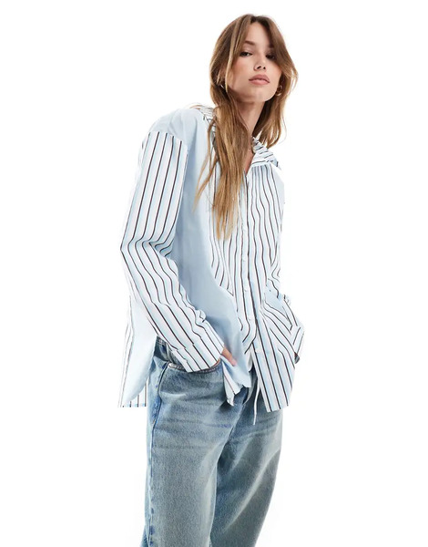  Asos Design Poplin Oversized Shirt In Blue Stripe 