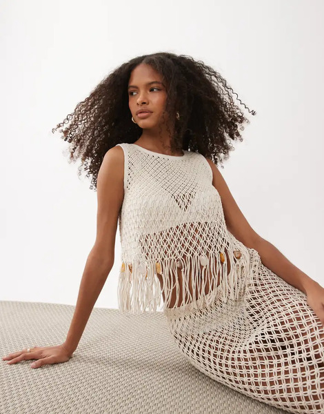  Asos Design Premium Hand Crochet Fringed Beaded Top In White 