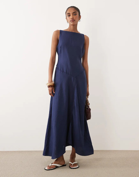  Asos Design Premium 100% Linen Slash Neck Midi Dress With Asymmetric Dropped Waist And Hanky Hem In Navy 