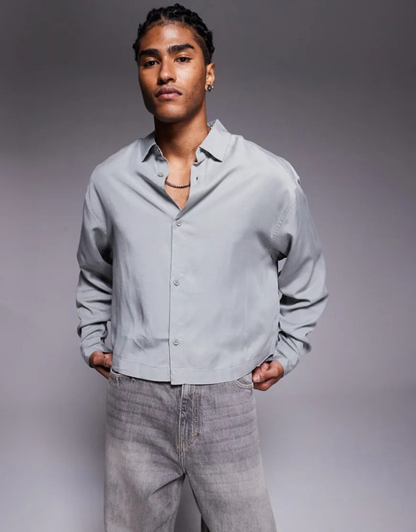  Asos Design Premium Oversized Cropped Shirt In Grey 