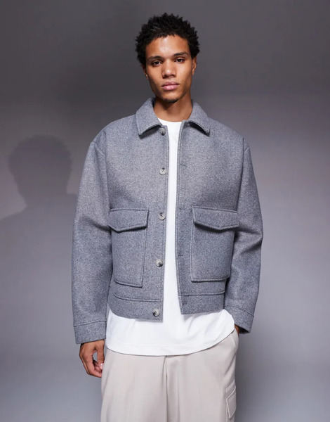  Asos Design Premium Relaxed Boxy Felt Shacket In Grey 