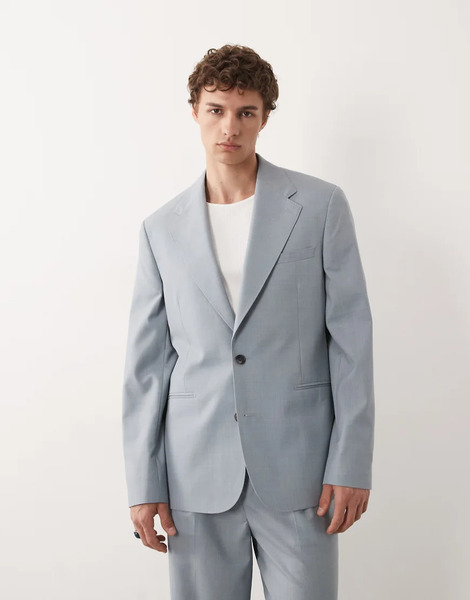  Asos Design Premium Slim Suit Jacket In Light Blue Linen And Wool 