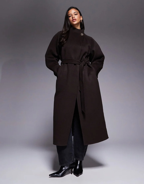  Asos Design Premium Wool Rich Longline Coat With Gold Button In Chocolate Brown 