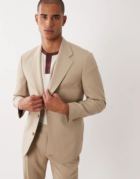  Asos Design Premium 100% Wool Slim Suit Jacket In Stone Neutral 