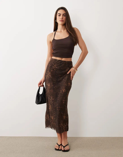  Asos Design Printed Mesh Maxi Skirt With Split In Leopard No Colour 