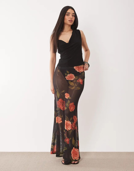  Asos Design Printed Mesh Sheer Maxi Skirt In Patchwork Floral Multi 