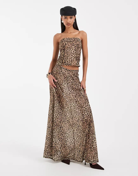  Asos Design Printed Stretch Chiffon Full Hem Maxi Skirt In Leopard Print Multi 