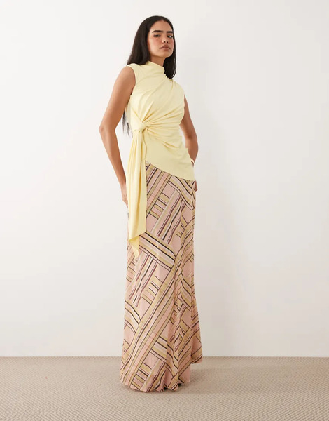  Asos Design Printed Stretch Full Hem Maxi Skirt In Geometric Stripe Multi 