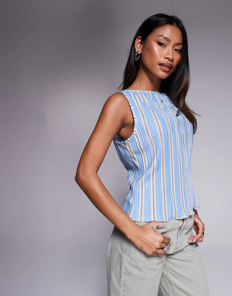  Asos Design Printed Stripe Plisse Ruched Side Sleeveless Top In Multi 