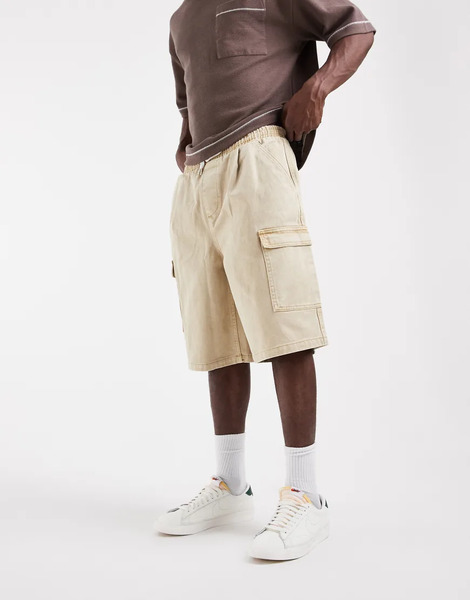  Asos Design Pull On Loose Denim Cargo Jorts In Beige Neutral 