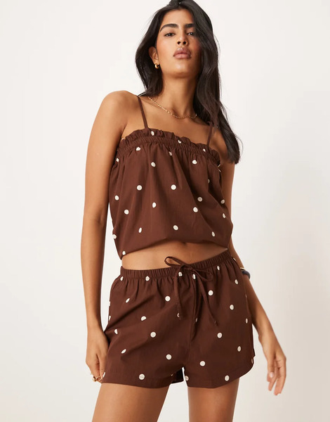  Asos Design Pull On Micro Short In Chocolate Polka Dot Multi 