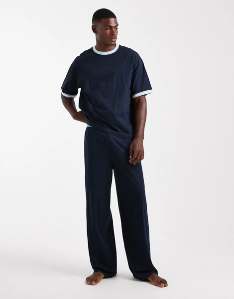  Asos Design Pyjamas Set With Wide Leg Pant And Contrast Binding In Navy 